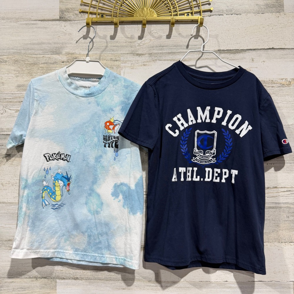 Abercrombie Champion T-Shirt Bundle Boys 7/8 Blue Pokemon Graphic *Flawed